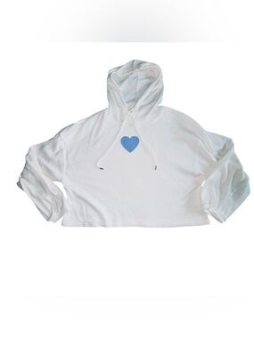 Cream Cropped Hoodie with Blue Heart size Large